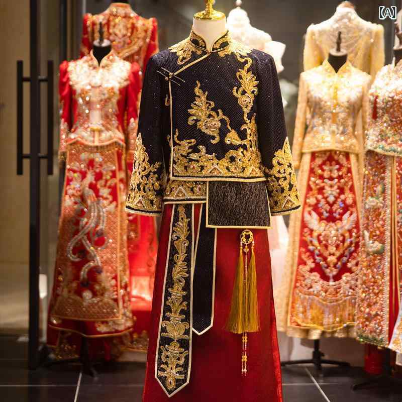 フォーマルウェア メンズ 中国伝統 新郎 婚礼服 結婚式 披露宴 春 高級感 中華風 立ち襟 龍鳳刺繍 古典柄 長袖 上着 イベント 舞台