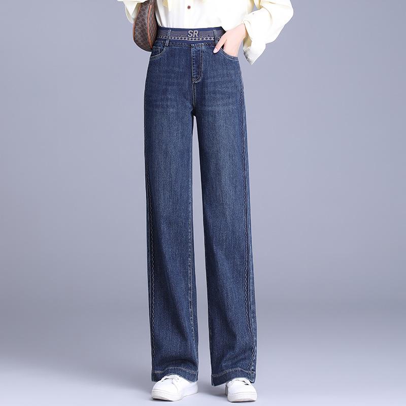 デニムパンツ レディース 秋冬 ウエストゴム ハイウエスト ワイド ストレート 着痩せ効果 厚手 綿素材 ストレッチ フルレングス 大きいサイズ カジュアル