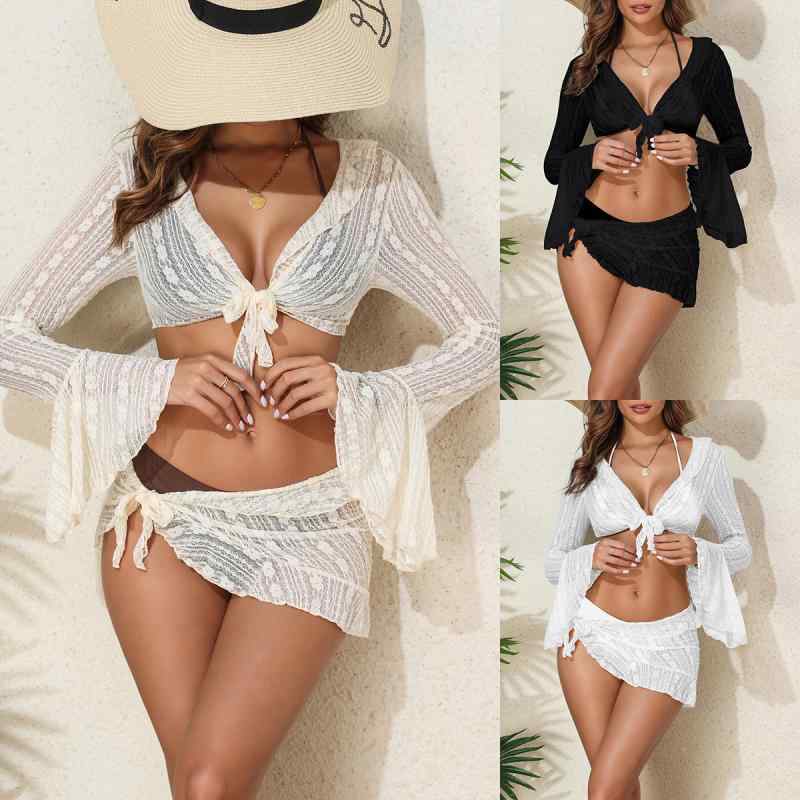 水着 レディース セクシー セパレート ビキニ 長袖 カバーアップ 四点セット フリル 無地 海外風 リゾート プール ビーチ 胸パッド付き