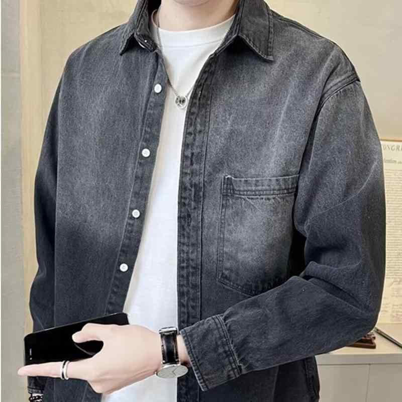 シャツジャケット メンズ デニム調 長袖 オーバーサイズ ルーズシルエット シングルボタン トレンド レトロスタイル カジュアルアウター 春秋 羽織り 水洗い加工 ドロップショルダー