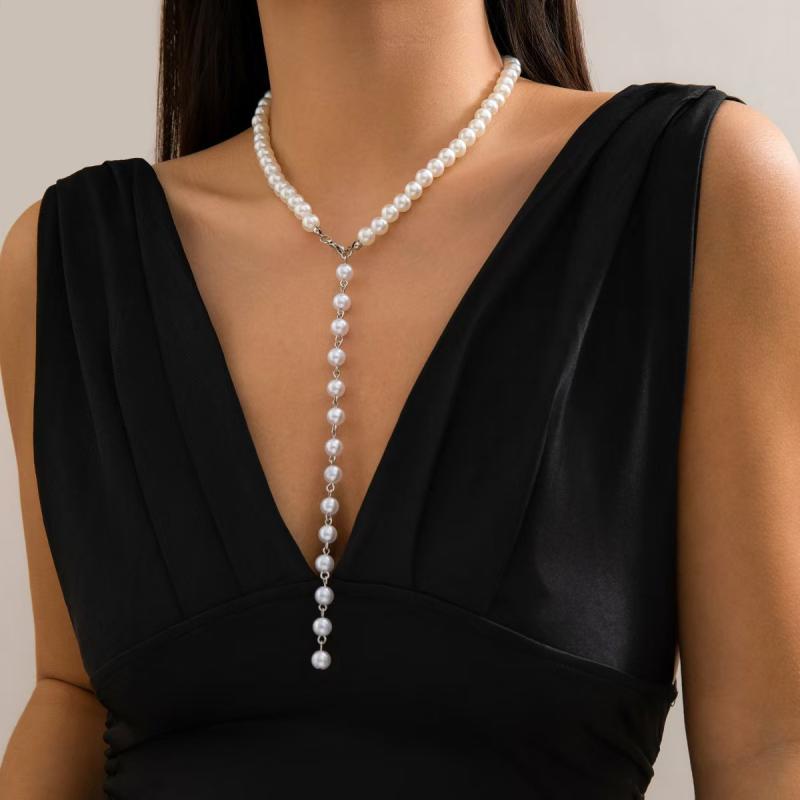SWAROVSKI - ネックレス レディース Y字 フェイクパール タッセル ロング丈 レトロ フレンチスタイル エレガント 軽やか 高級感 ハンドメイド ファッション 通勤 幾何学模様 春夏