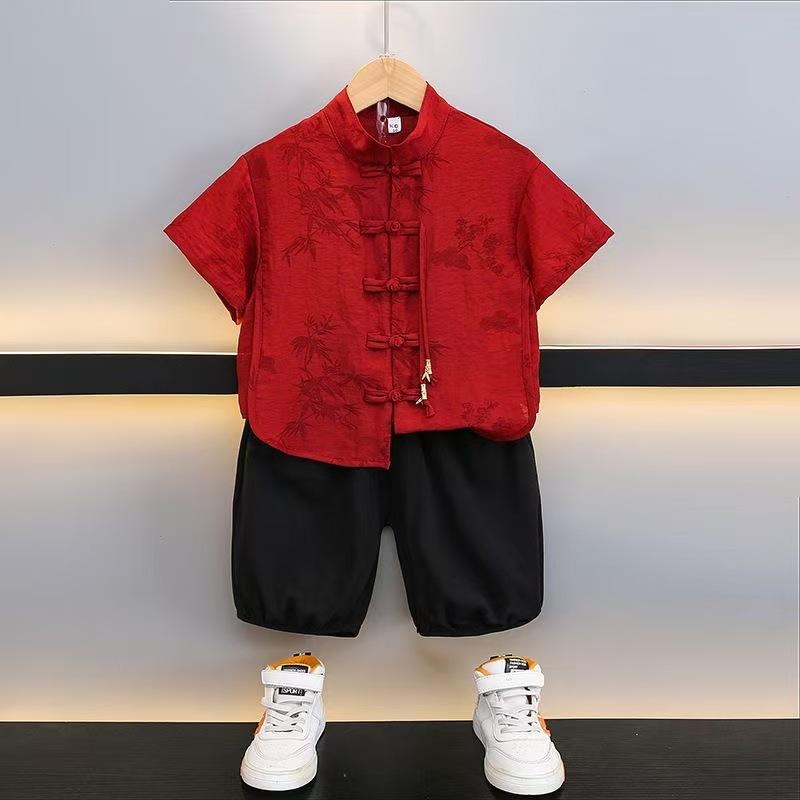 Rakuten - キッズ 男の子 新中華風 漢服 半袖 シャツ ダブルボタン ハーフパンツ 2点セット レトロ トレンド 薄手 発表会 衣装 幼稚園 学生 ポリエステル ストレッチ かわいい