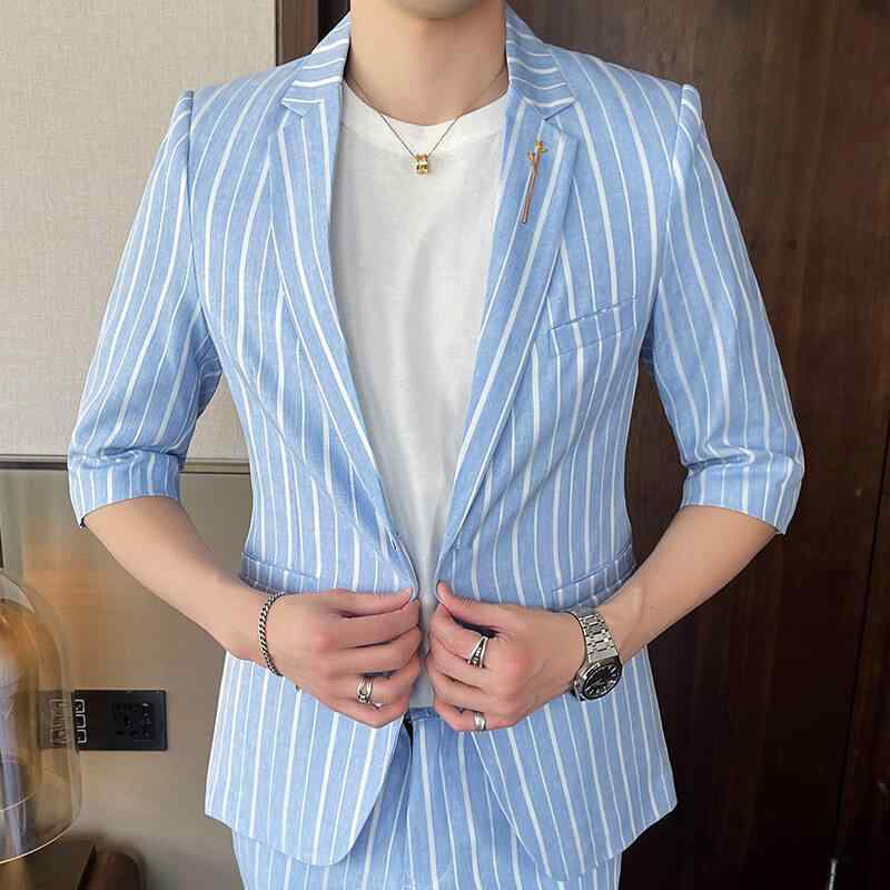 スーツ メンズ カジュアル セットアップ 春夏 ファッション ストライプ柄 スリムフィット ジャケット ノッチドラペル シングルボタン 切り替えデザイン トレンド