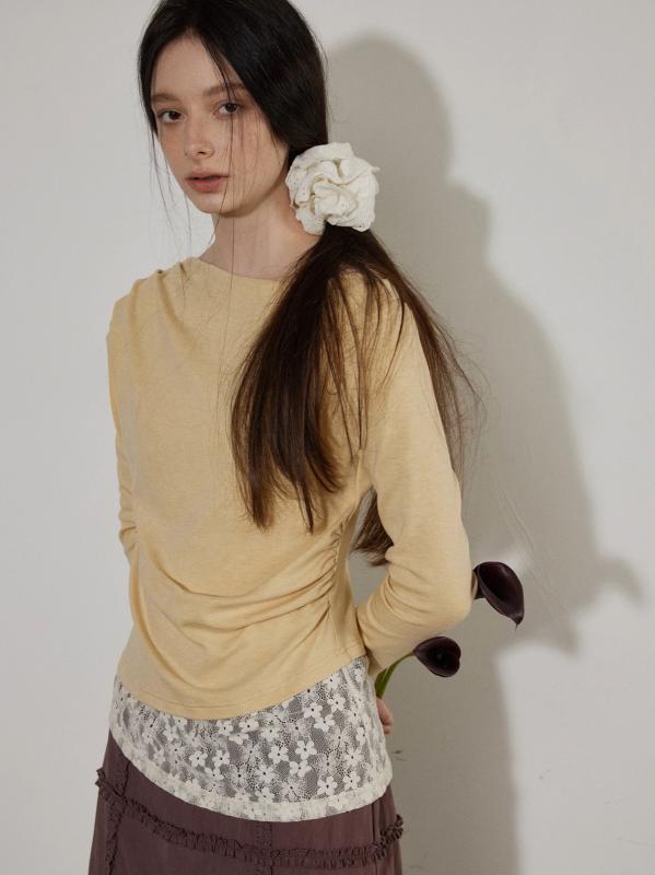 Tシャツ レディース レース切り替え ドレープネック アシメショルダー ニット 長袖 ゆったり トップス 春 カジュアル プルオーバー クリームイエロー レギュラー丈