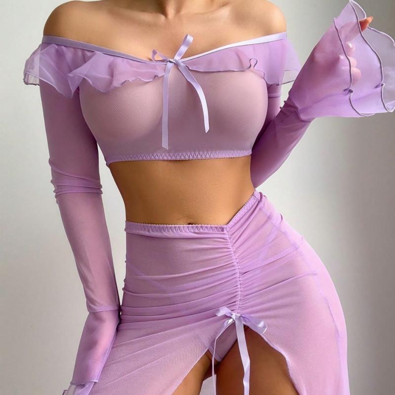 ランジェリー レディース セクシーランジェリー 制服風コスプレ シースルーメッシュ ナイトドレス 深スリット ロング丈 ドレス セットアップ