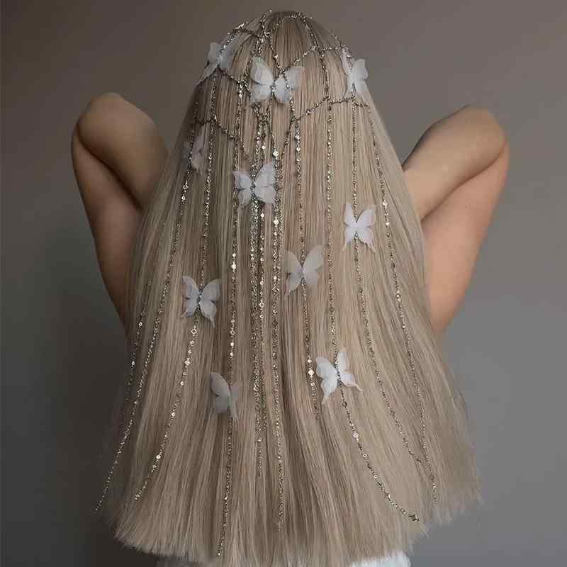 ヘアアクセサリー レディース 蝶々 透かし細工 ヘアチェーン カチューシャ ナチュラルスタイル 上品 エレガント ラインストーン タッセル ブライダル パーティー 披露宴 夏 電気メッキ加工 ヘッドドレス