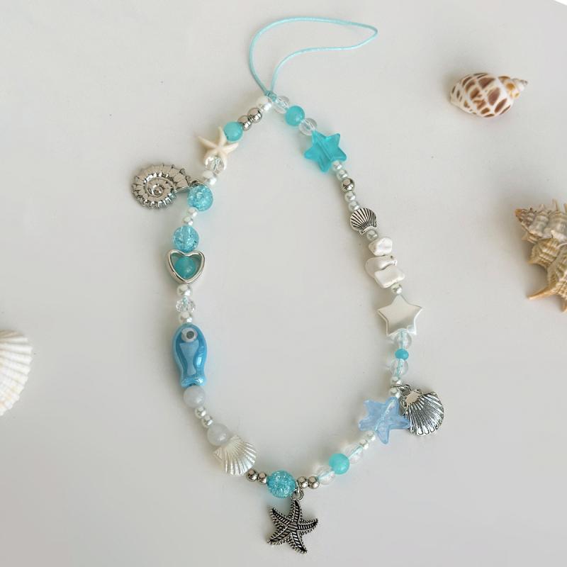 乐天商城 - 携帯ストラップ レディース スマホアクセサリー 夏 海洋モチーフ 巻き貝 ヒトデ 貝殻 ビーズチャーム 電気メッキ加工 金属製 ミックスカラー ナチュラル小物 バッグチャーム