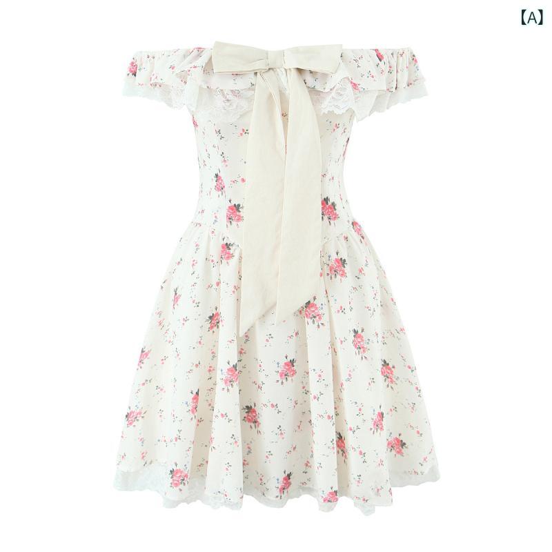 bloomelierのワンピース レディース 春夏 かわいい 花柄 レース切り替え ショート丈 オフショルダー Aラインシルエット スリムフィット バックレス パーティードレス｜アングル2