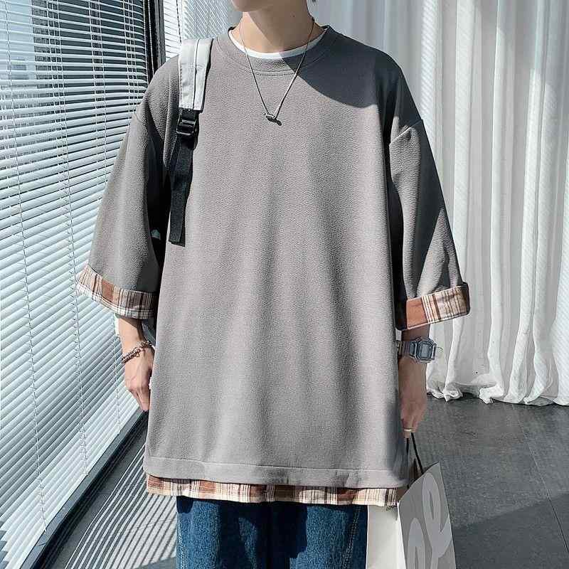 Rakuten - Tシャツ メンズ 接触冷感 切り替え フェイクレイヤード 七分袖 ゆったり クルーネック 夏 配色デザイン ヘビーウェイト ポリエステル