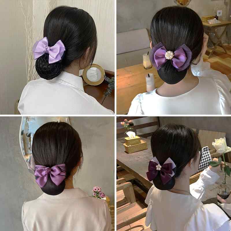 ヘアアクセサリー レディース 仕事用 お団子ヘアネット リボン付き シニヨン 髪飾り まとめ髪 手作り 上品な夏向けヘッドドレス