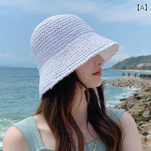Rakuten - 麦わら帽子 レディース 夏 ビーチ リゾート 旅行 お出かけ 日よけ 紫外線対策 つば広 通気性 軽量 折りたたみ バケットハット 韓国ファッション カジュアル