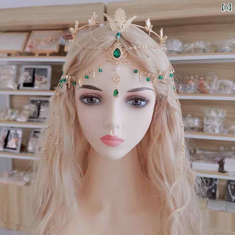 bloomelierのヘアアクセサリー レディース エスニック調 グリーン タッセル 王冠型 ヘッドドレス 額飾り エルフ風 合金製 電気メッキ加工 写真撮影 イベント 夏｜アングル2