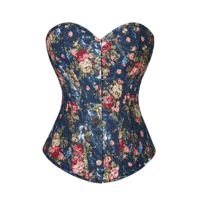 Body Suit - 補正下着 レディース ウエストニッパー デニム調 バラ柄 コルセット 腹部引き締め ボディメイク 宮廷風 クラシック レースアップ インナー 体型サポート 通年