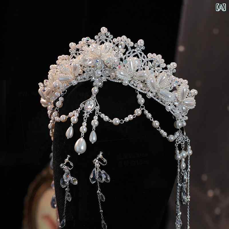 bloomelierのヘアアクセサリー レディース ウェディングヘッドドレス 高級感 クリスタル編み込み ティアラ 額飾り イヤーカフ 合金製 ハンドメイド ホワイトクリスタル｜アングル2