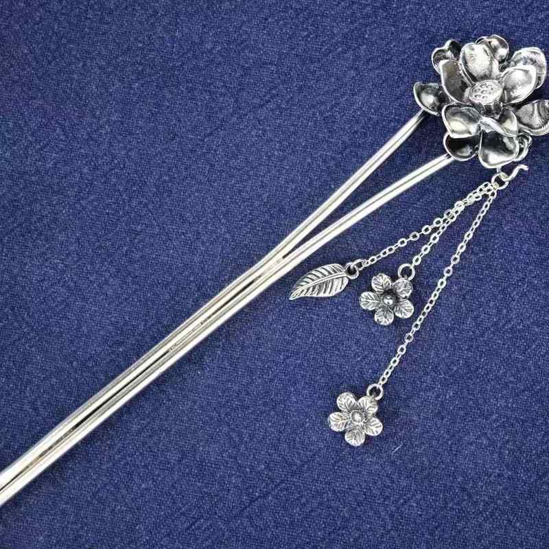 髪飾り レディース S925スターリングシルバー製 かんざし 花モチーフ タッセル装飾 新デザイン レトロ 和風スタイル 浴衣 着物 振袖 袴..