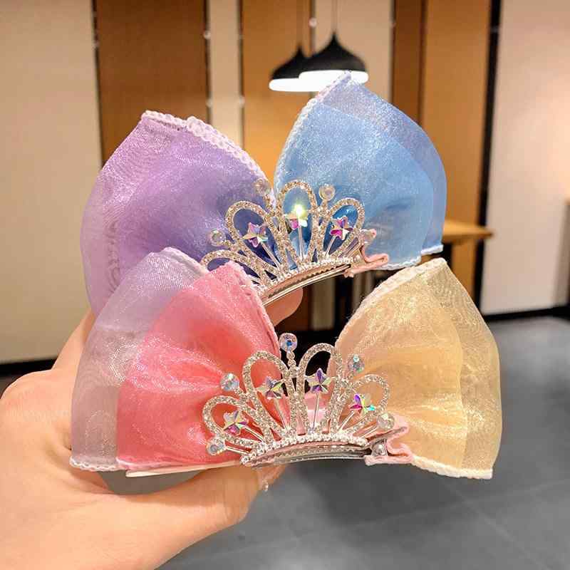ヘアアクセサリー 女の子 ベビー キッズ リボン クラウン プリンセス 立体 チュール かわいい サイドクリップ 髪飾り スパンコール グラデーションカラー 春