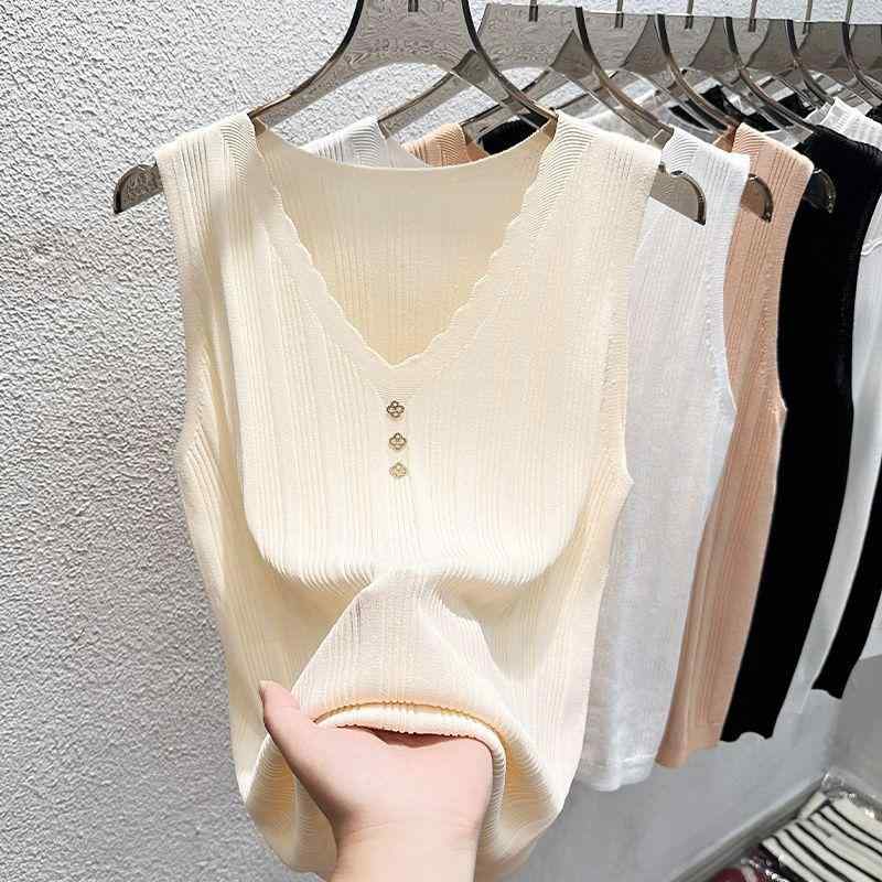 Long-Sleeved Knit - トップス レディース 接触冷感 再生繊維 リブ編み スリムフィット 夏用 キャミソール ノースリーブ インナー 重ね着 フレンチスタイル ラインストーン装飾 ニットタンクトップ カジュアル