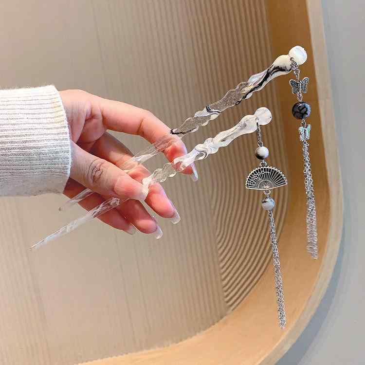 Accessories Supplies - ヘアアクセサリー レディース 新中華風 レトロモダン 古風 高級感 扇子モチーフ 蝶々 パール リーフ ドロップ 揺れるタッセル まとめ髪用かんざし 浴衣 夏祭り 和装