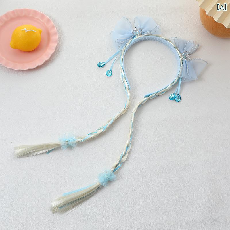 髪飾り 子供 ウィッグ カチューシャ 冠 プリンセス ロング三つ編み リボン ラインストーン 発表会 パーティー イベント コスプレ お姫様なりきり 仮装 小道具