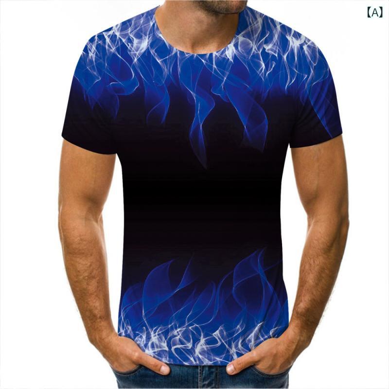Tシャツ メンズ グラフィックアート グラデーションカラー 3Dデジタルプリント クルーネック 半袖 ルーズフィット カジュアル 通気性 防シワ ポリエステル素材 2