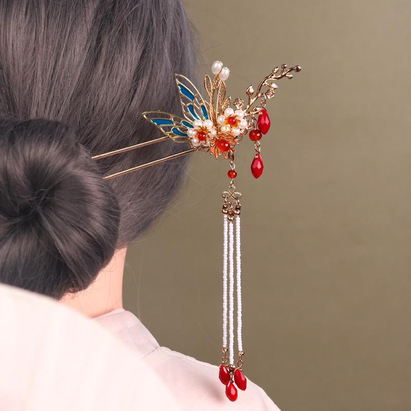かんざし レディース シンプル お団子ヘア まとめ髪 髪留め 髪叉 中国風 チャイナドレス 花嫁 ヘアアクセサリー 花モチーフ 金属 電気メッキ加工 紅梅 タッセル フリンジ