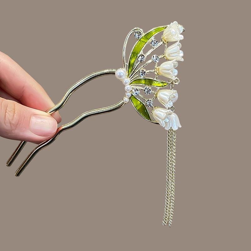 髪飾り かんざし 風鈴花 玉石 流蘇 タッセル 接触冷感 花モチーフ 合金 電気メッキ...
