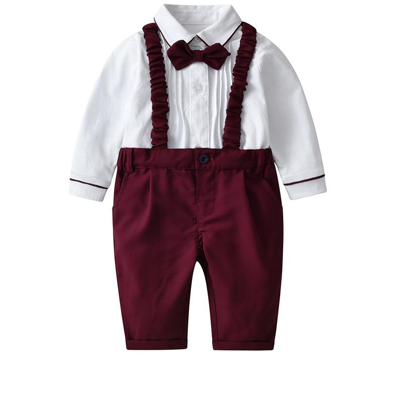 ・カテゴリ: 子供服セットアップ・スタイル: 欧米風・セット内容: トップス、ボトムスの2点セット・対象性別: 男の子・対象年齢: ベビー・キッズ（1〜3歳、身長80〜100cm）・袖丈: 長袖・パンツ丈: 長ズボン・生地の厚さ: 薄手・柄: 無地・主な素材: 綿 95%・安全基準: A類・留め具の種類: シングルブレスト・カラー: ワインレッド・対応身長: 66cm、73cm、80cm、90cm、100cm
