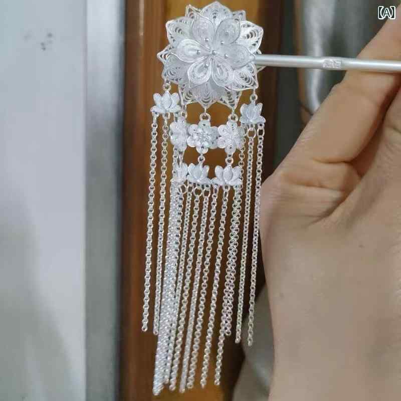 Accessories Supplies - かんざし ヘアアクセサリー 簪 髪飾り シルバー 花絲工芸 両面花モチーフ タッセル 民族風 エスニック 伝統工芸 ゴールドパーツ 秋