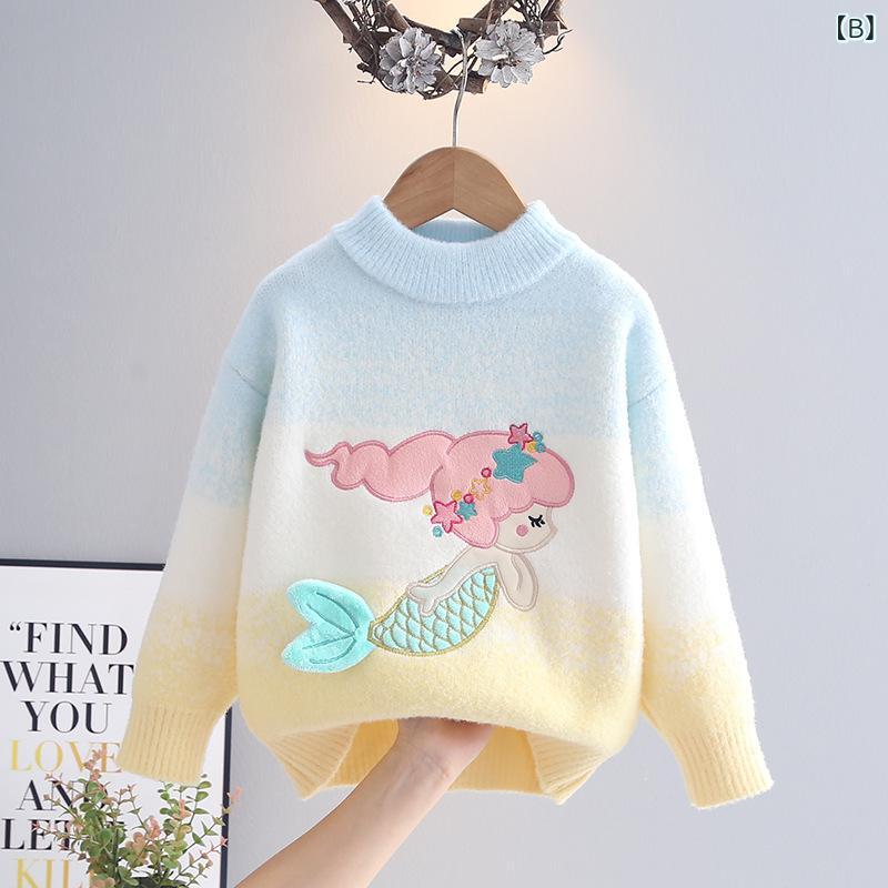 ニット セーター キッズ 女の子 子供服 長袖 トップス 丸首 人魚 アニマル 配色 切...