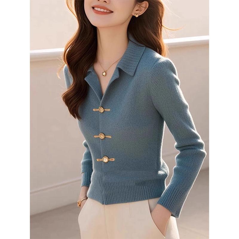 Three-Quarter Knit - ニットセーター レディース ストライプ柄 長袖 ラペルカラー プルオーバー ゆったり カジュアル インナートップス 秋冬 中厚 ビスコース混 孔雀藍 爽やかレトロ