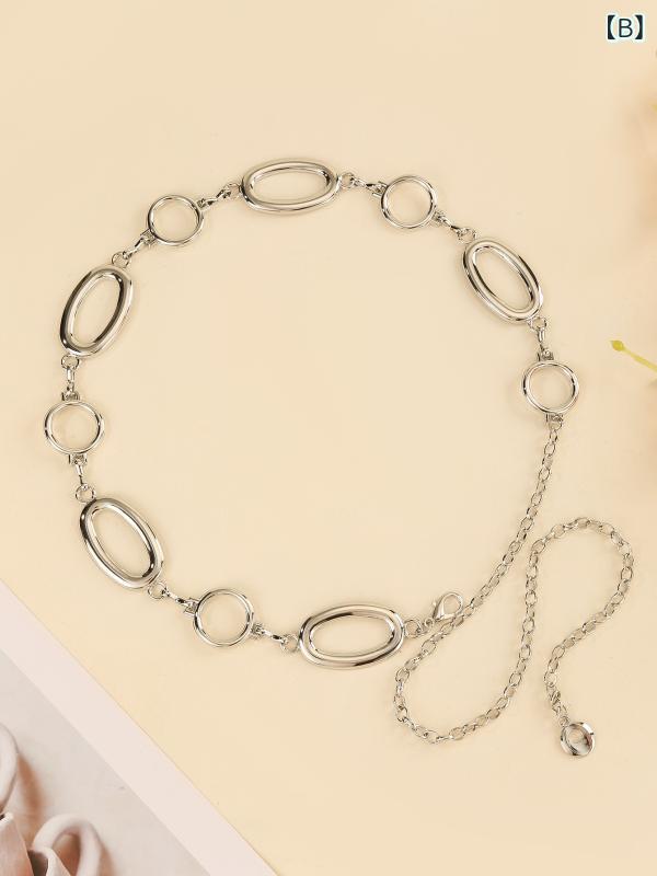 ウエストチェーン レディース 金属 円形 金 銀 パンク シンプル スーツ ワンピース アクセサリー 腰飾り シングル オーバルバックル オールシーズン ファッション 欧米風 3