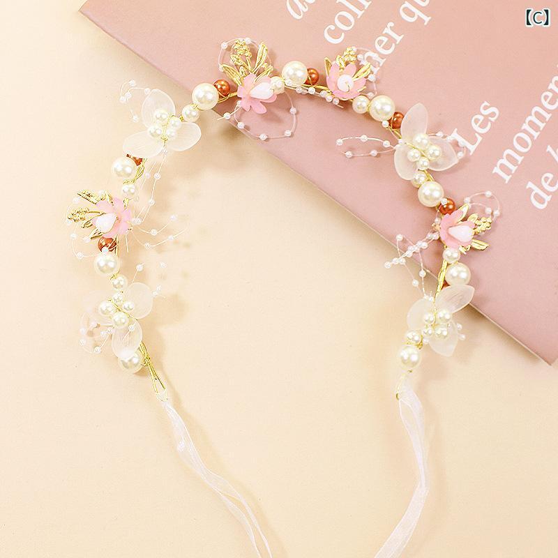 bloomelierの花冠 女の子 ヘッドバンド パール プリンセス ティアラ 蝶結び リストフラワー ラインストーン スパンコール 布地 カートゥーン 白 ピンク 青 夏 かわいい 発表会 フラワーガール 森系｜アングル3