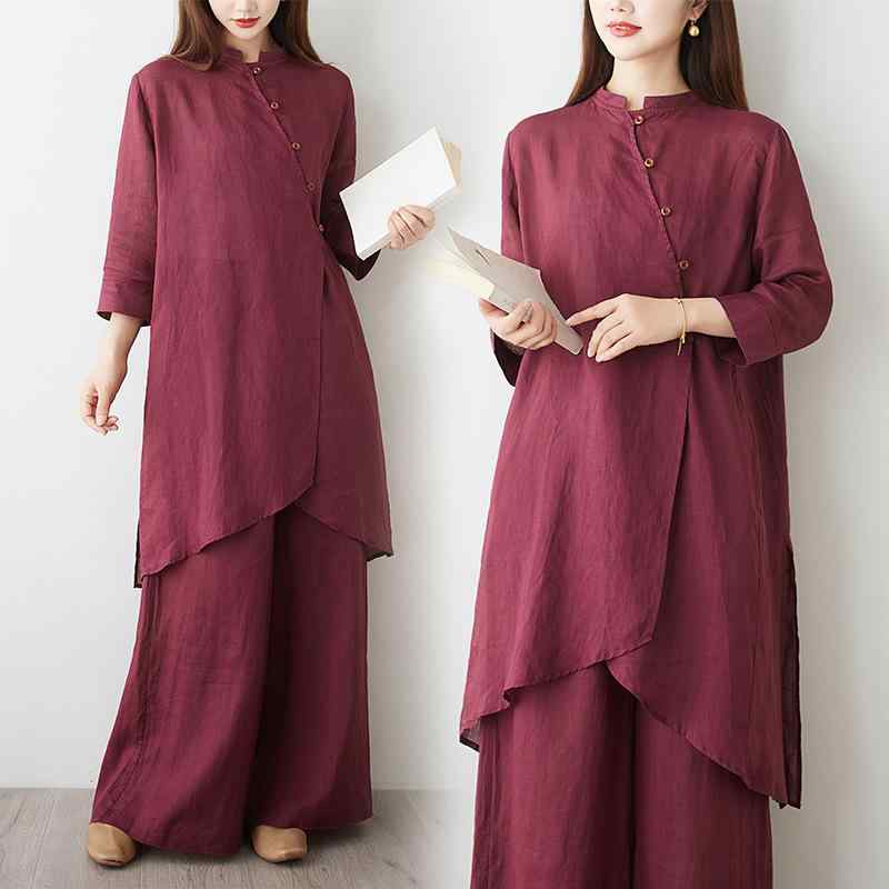 T-Shirts - 禅服 居士服 禅修服 修行着 在家服 仏系 禅意 素衣 セットアップ 中華スタイル 中式服 綿麻素材 麻混 ラミー 斜襟 スタンドカラー 民族風 赤 夏