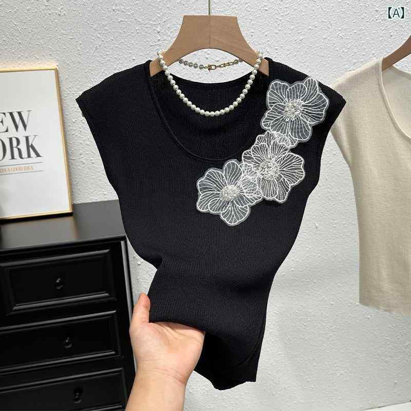 Long-Sleeved Knit - ノースリーブ ニット レディース 夏 立体 フラワー ショート丈 ビスコース ストレッチ ブラック ホワイト ピンク エレガント デザイン おしゃれ 普段使い