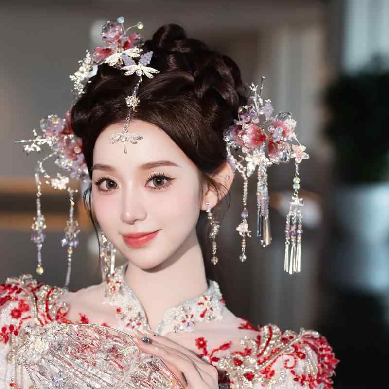乐天商城 - ヘアアクセサリー レディース 結婚 中華風 シルバー ピンク レトロ 合金 電気メッキ加工 額垂れ飾り 分離式ヘア飾り ハンドメイド イヤークリップ