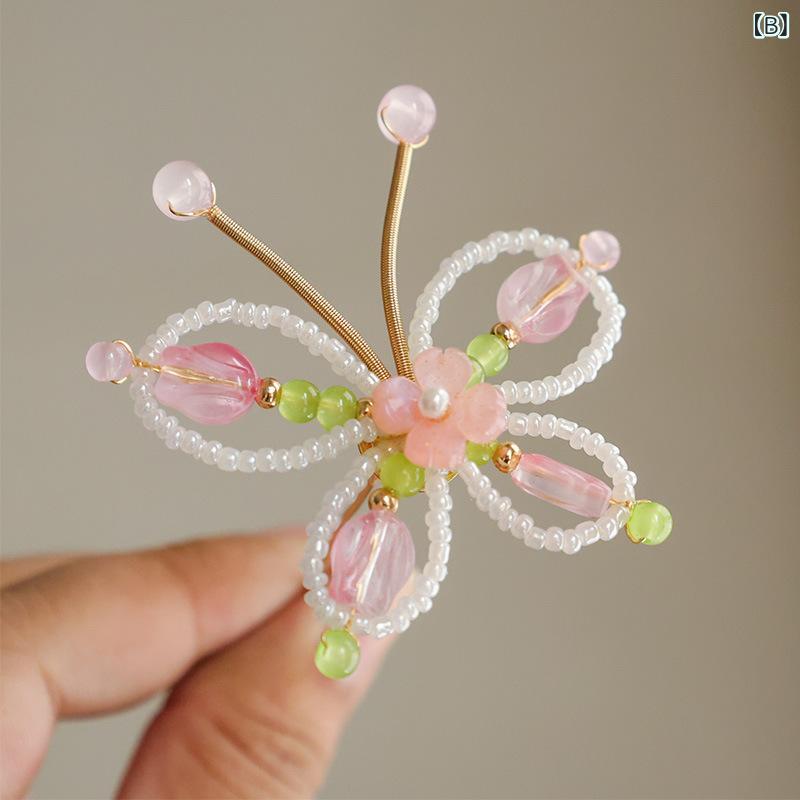 ヘアアクセサリー キッズ かわいい チューリップ 蝶 桃花 ジャスミン 花モチーフ ヘアピン かんざし U型ピン 小型 金属製 ピンク 緑 パールの商品画像 3
