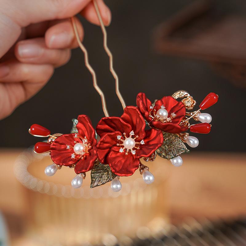 ・カテゴリ: 髪飾り・スタイル: レトロ・素材: 合金・形状: 花・加工: 手作り・色: 紅山茶青葉・流行要素: 古風