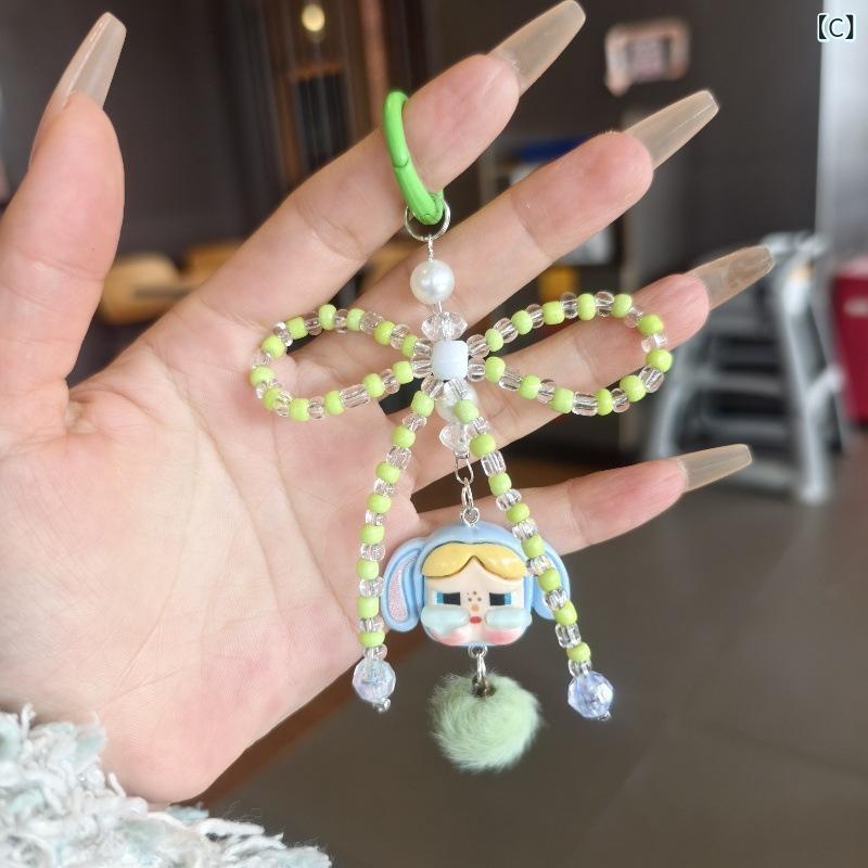 キーホルダー レディース かわいい リボン ビーズ 人形 ファーチャーム バッグチャ...