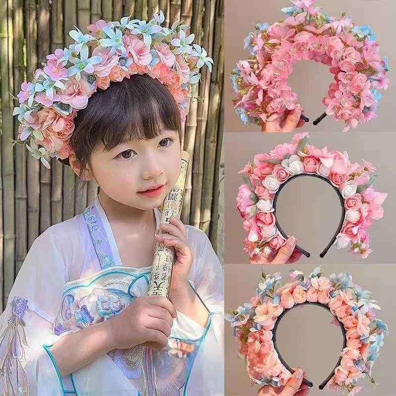 ヘアバンド 女の子 子供 キッズ ベビー 花冠 花飾り 花かんざし 布製 エスニック風 花柄 春 ピンク ブルー レッド かわいい ステージ 記念撮影 ヘアアクセサリー