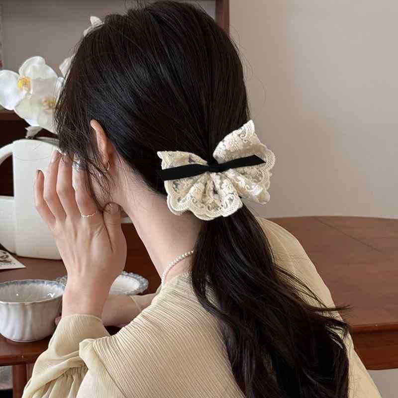 ヘアゴム 太め レース 二重 蝶結び フレンチ レトロ 韓国風 夏 かわいい 爽やか 甘め ボリューム ポニーテール ヘアアレンジ ベージュ 黒