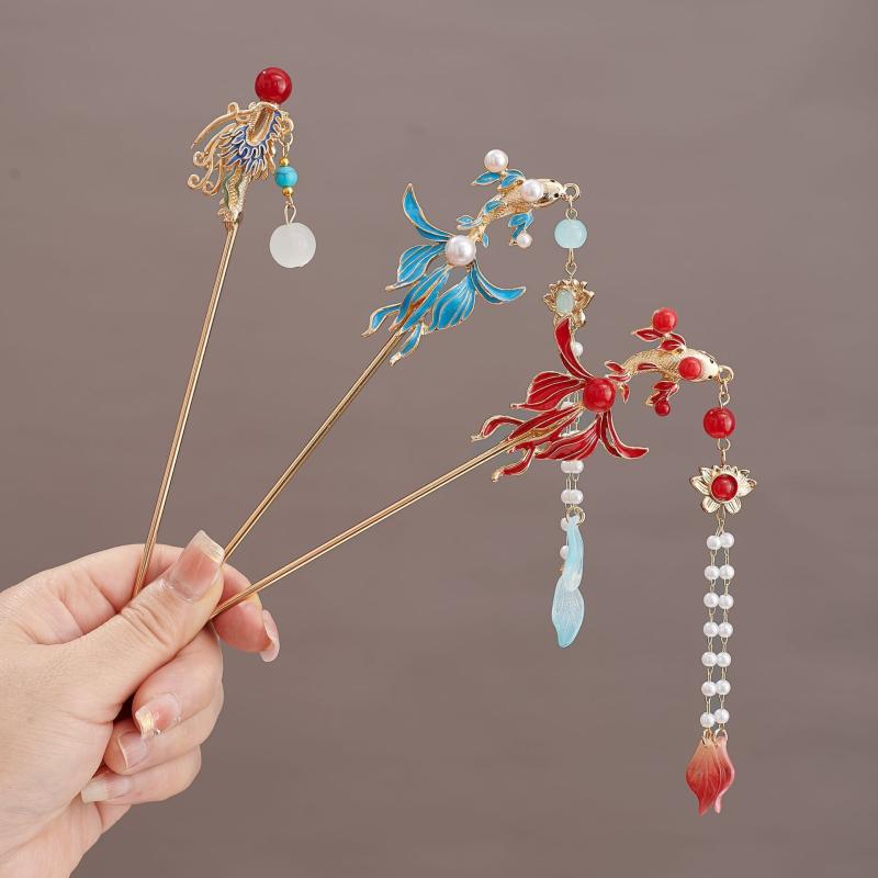 かんざし 髪飾り レディース チャイナドレス 花嫁 アップヘア タッセル 古風 錦鯉 合金 手作り 花モチーフ レトロ 結婚式 お祝い