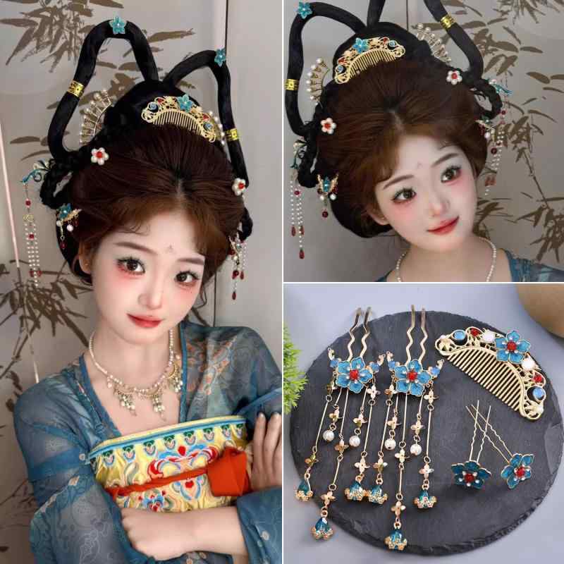 Clothing Accessories (Caps, Ties, Belts) - ヘアアクセサリー レディース 唐風 フェミニン 古風 景藍 滴油加工 髪櫛 簪 タッセル フリンジ 水滴 ヘアピン 金属 ハンドメイド 花モチーフ かわいい おしゃれ 夏 セット