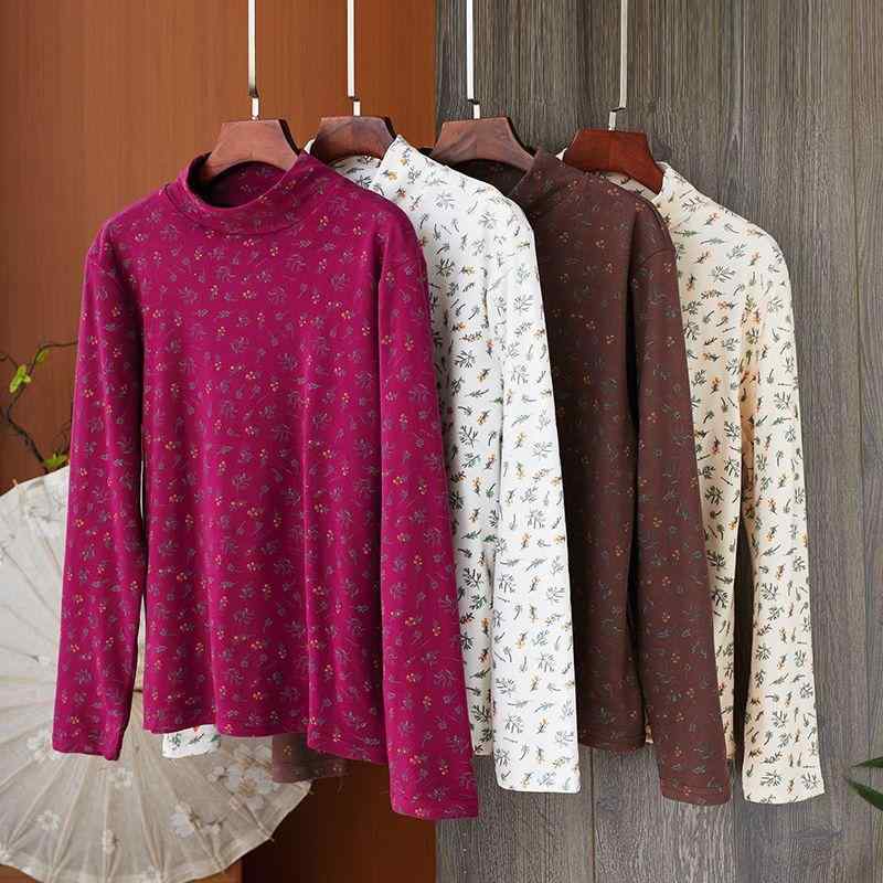 Rakuten - Tシャツ レディース 秋冬 長袖 半高領 小花柄 プリント インナー 裏起毛 暖か スリム 通勤 カジュアル 柔らかい ビスコース 白 杏 ブラウン