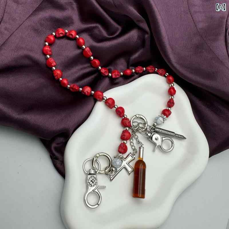 チェーンアクセサリー 赤 髑髏 酒瓶 レトロ 十字架 パンク ストリート ウエスト パンツ デニム ヒップホップ ターコイズ 幾何学 スカル クロス おしゃれ ファッション カジュアル