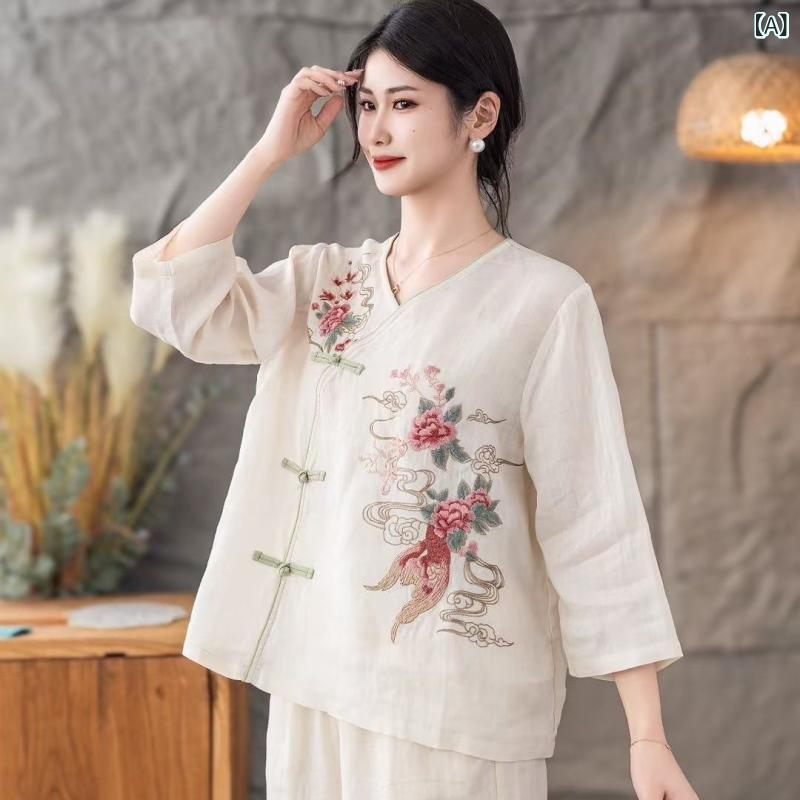 Tシャツ レディース 中華風 レトロ 綿麻 トップス Vネック 刺繍 チャイナボタン ゆったり 五分袖 夏 エスニック ボヘミアン ベージュ 赤 淡緑