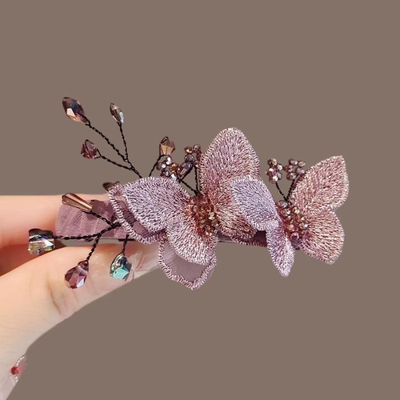 ヘアクリップ レディース 紫 蝶刺繍 バネ式 後頭部 ハーフアップ トップクリップ ...