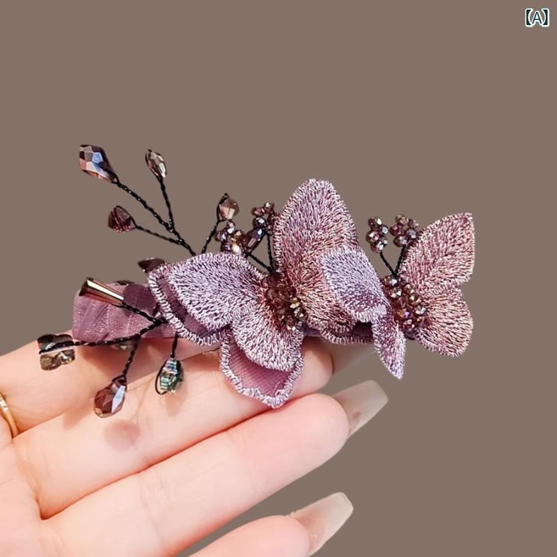 ヘアクリップ レディース 紫 蝶刺繍 バネ式 後頭部 ハーフアップ トップクリップ ...