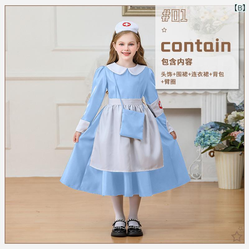 Cosplay Disfraz Niñas Halloween Enfermera Hecho Vestido Delantal Vestido Cabeza Mochila Rosa Azul Negro Cinta Estampado Poliéster Toda Temporada — vista 3