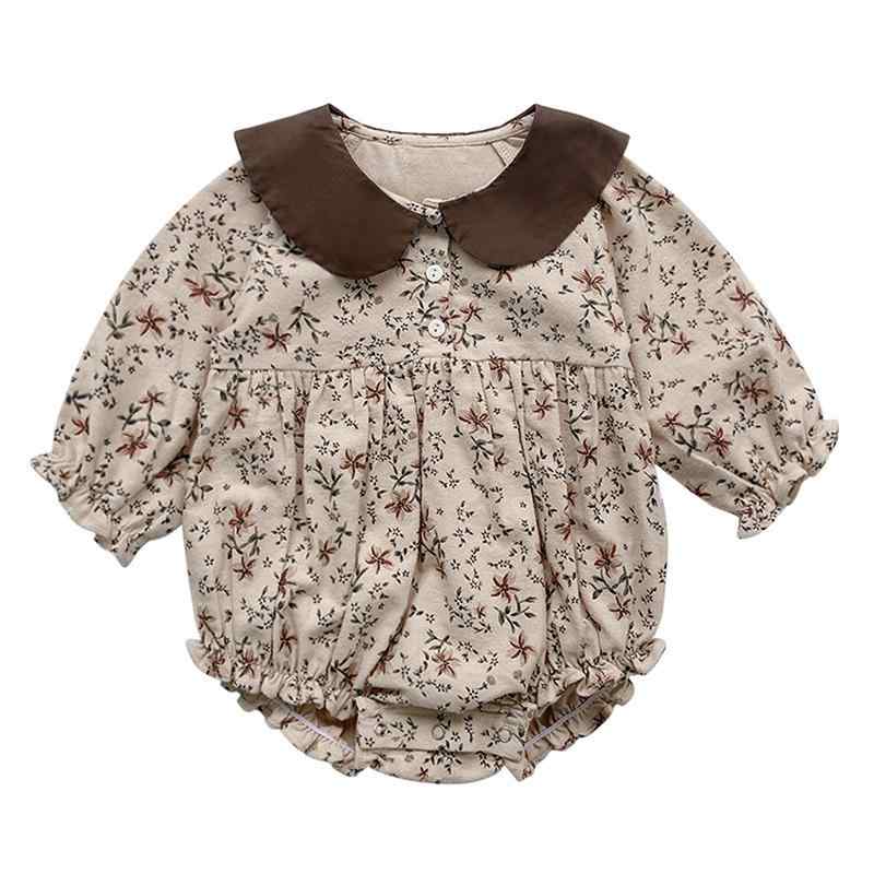 クローラー 女の子 ベビー 小花柄 プリント 長袖 切り替え 襟 三角股 股開き 綿 オールインワン 秋春 深杏 浅杏 這み服 ハイハイ 室内着 かわいい おしゃれ 韓国風 柔らかい 標準厚み