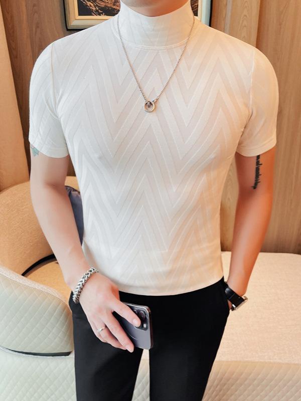 Tシャツ メンズ モックネック 半袖 接触冷感 ポリエステル 高伸縮性 スリムフィット ドット柄 プリント 夏 大人カジュアル インナー 普段使い プルオーバー 黒 オフホワイト ブラウン